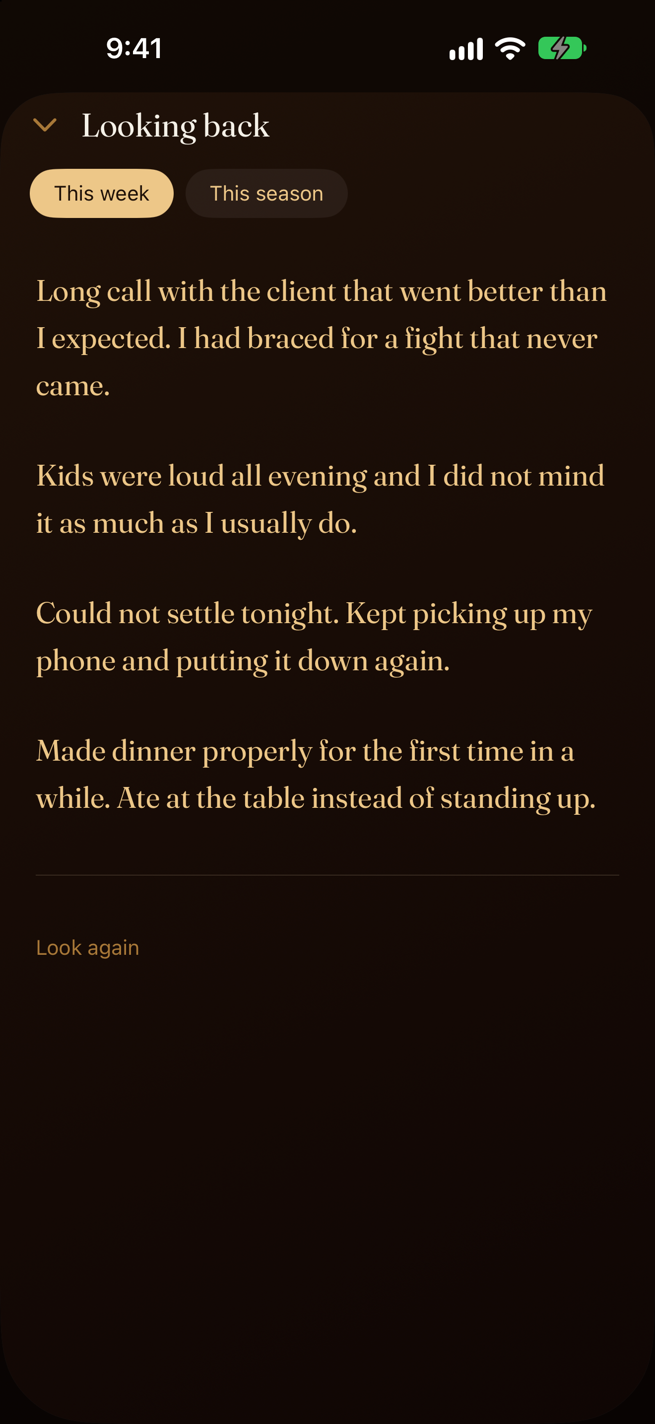 The Looking back sheet, showing several passages lifted from earlier entries, each set in warm serif type.